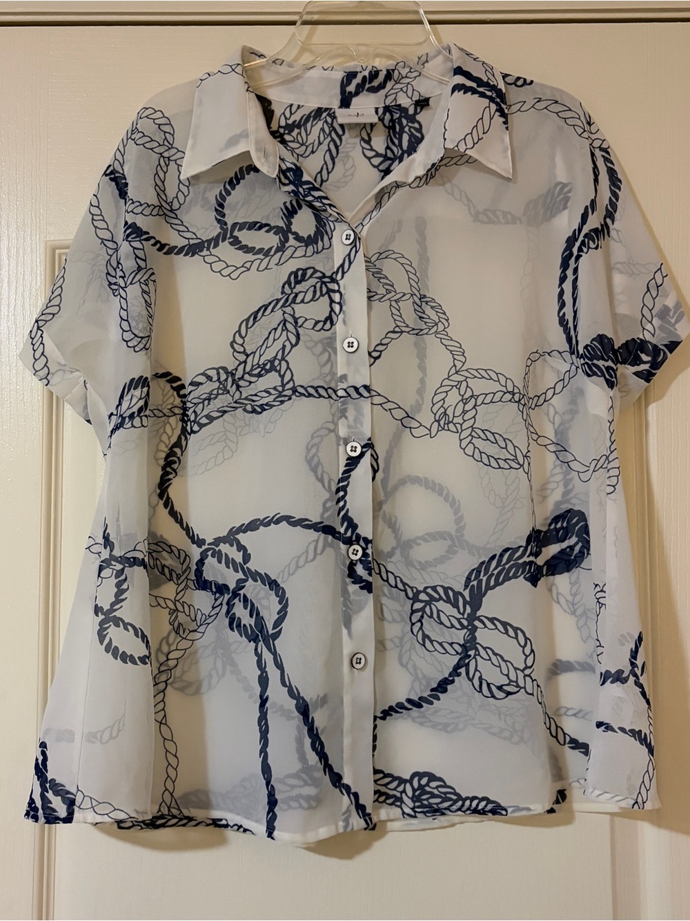 CAbi White Sheer Button-Up with Navy Rope Print